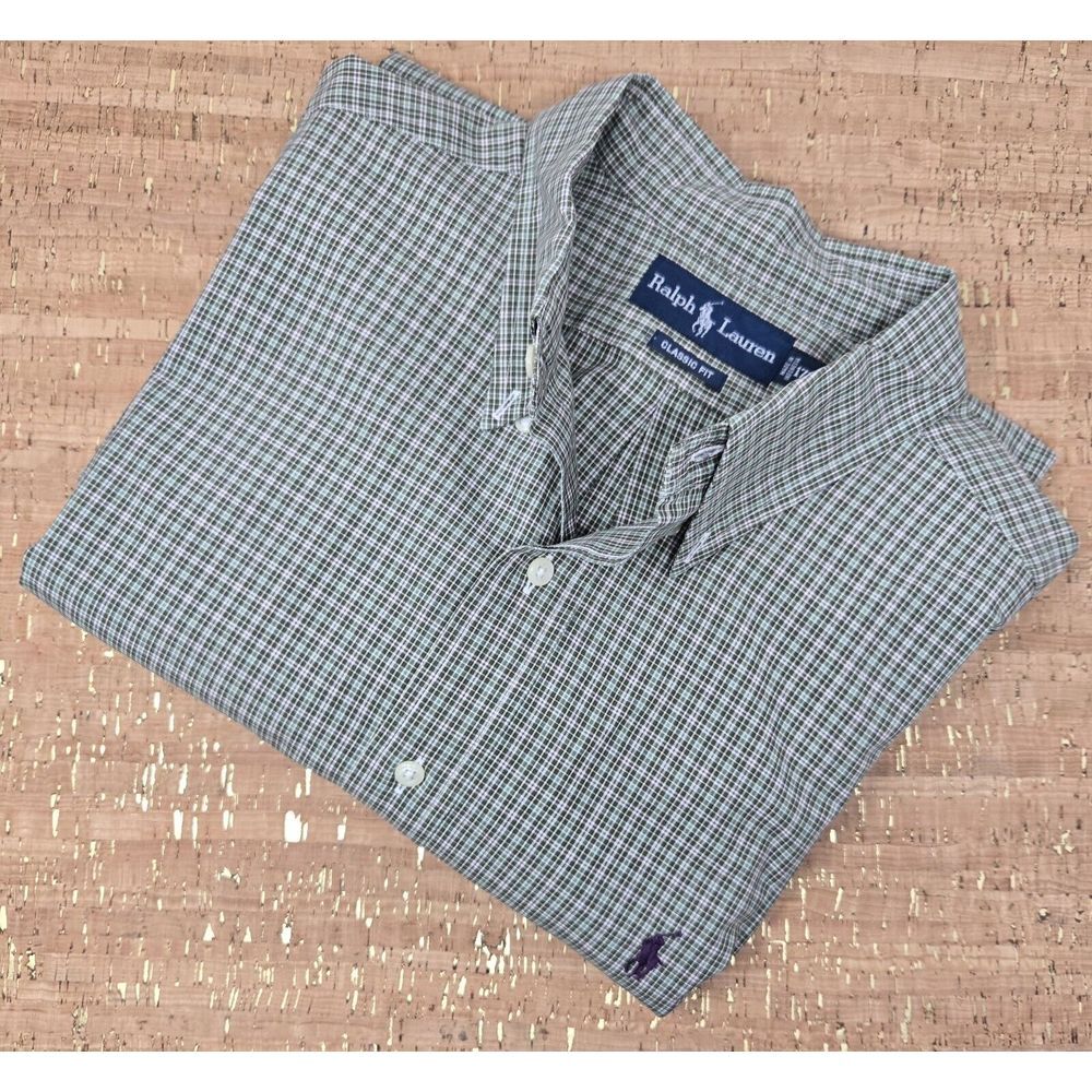 VINTAGE Polo Ralph Lauren Shirt Mens XL Green Gingham Check‎ Classic Fit Preppy